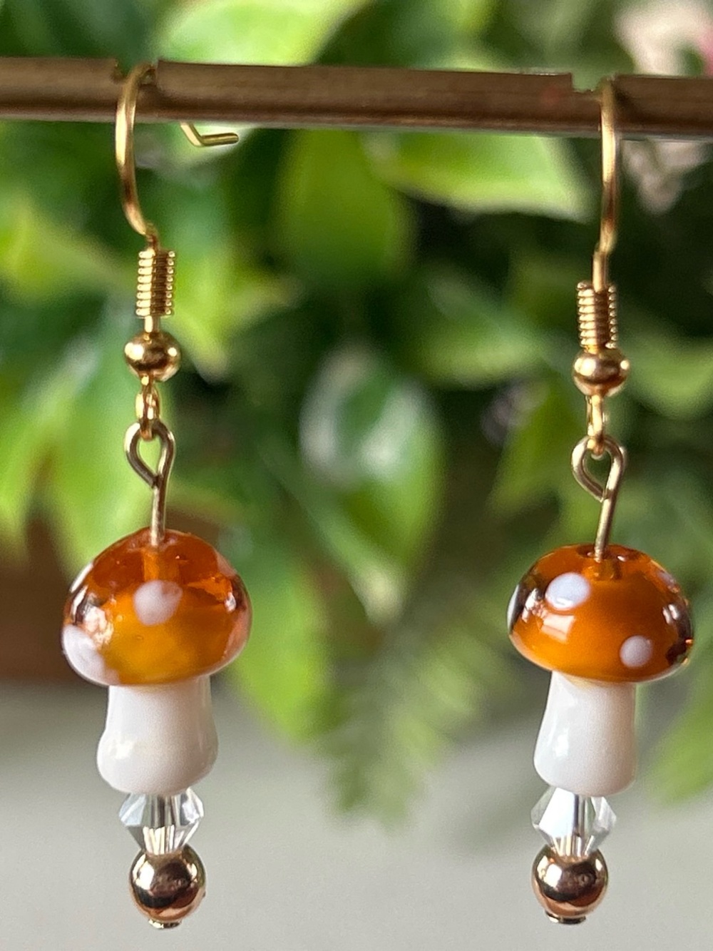 Handmade Orange Mushroom + Hematite Drop Earrings in silver